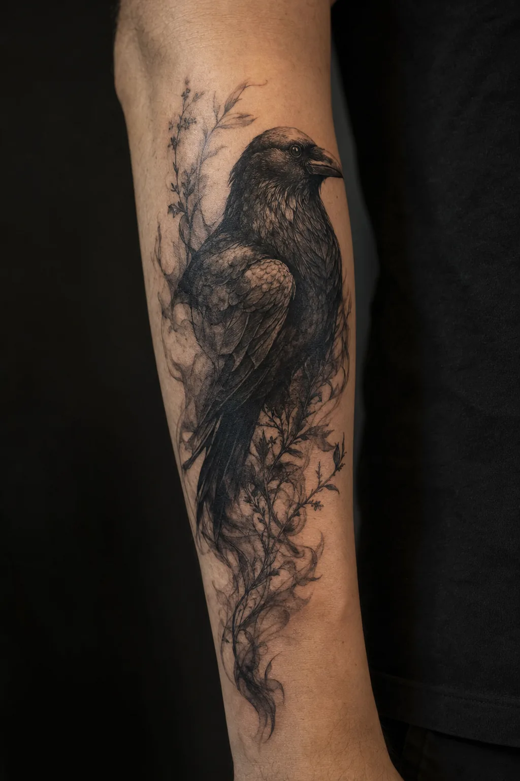 Tatouage noir et gris : corbeau perché dans des herbes fines, sur l'avant-bras, par Madman Tattoo
