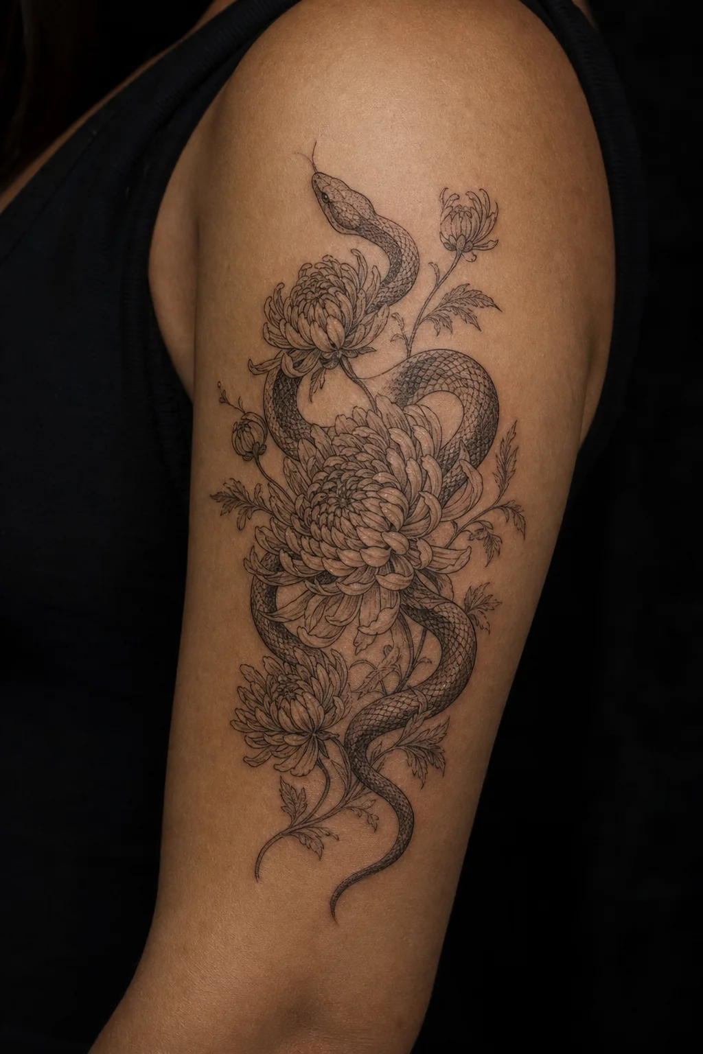 Tatouage noir et gris : serpent enroulé autour d'un chrysanthème, par Madman Tattoo