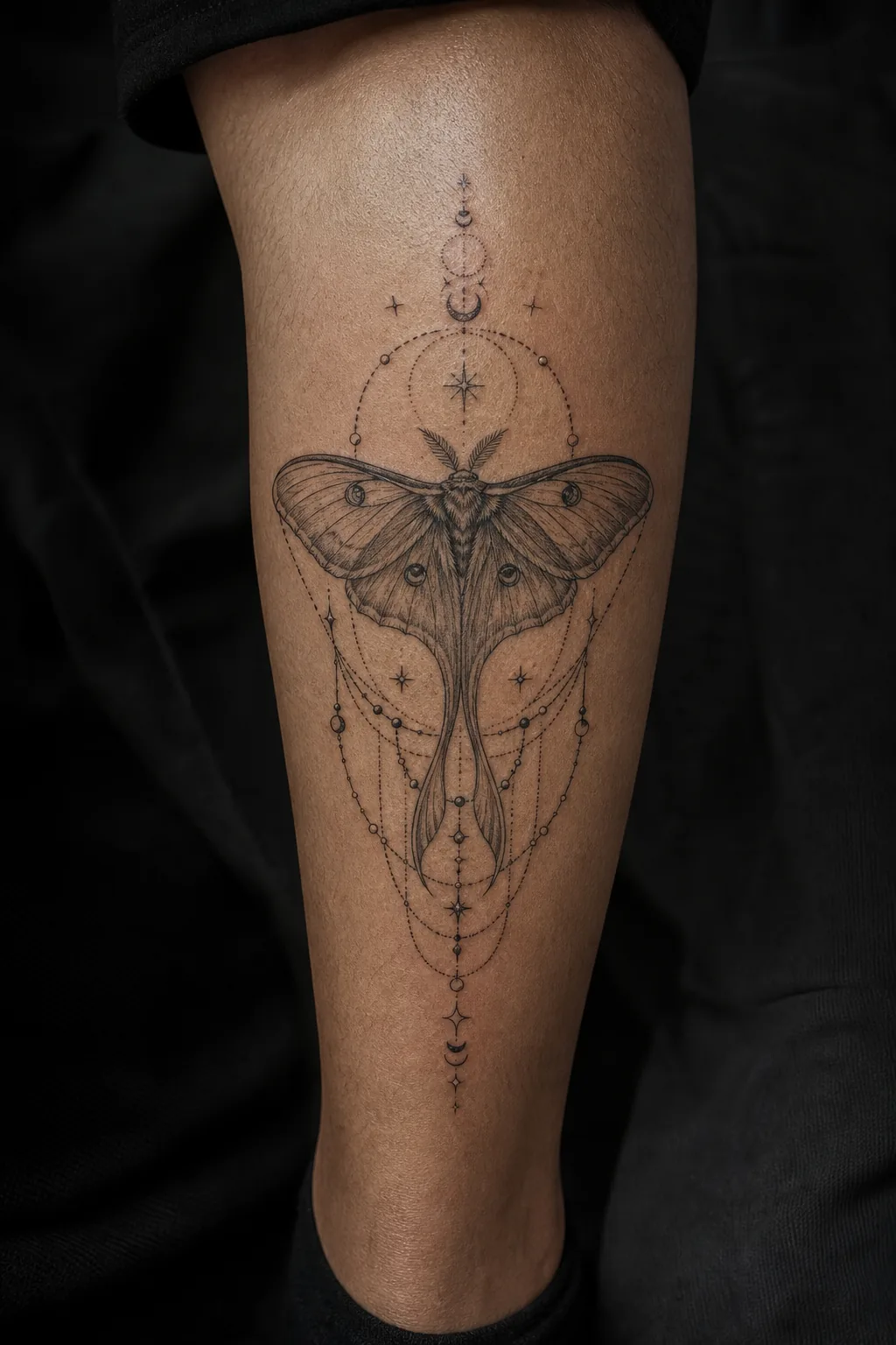 Tatouage noir et gris : papillon de nuit aux ailes déployées, par Madman Tattoo