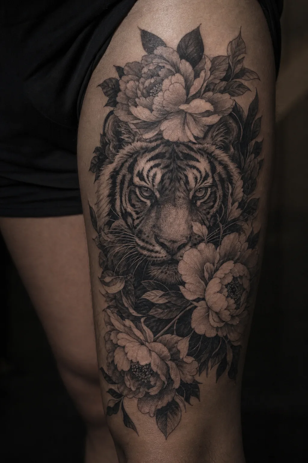 Tatouage noir et gris : tigre entouré de pivoines, par Madman Tattoo