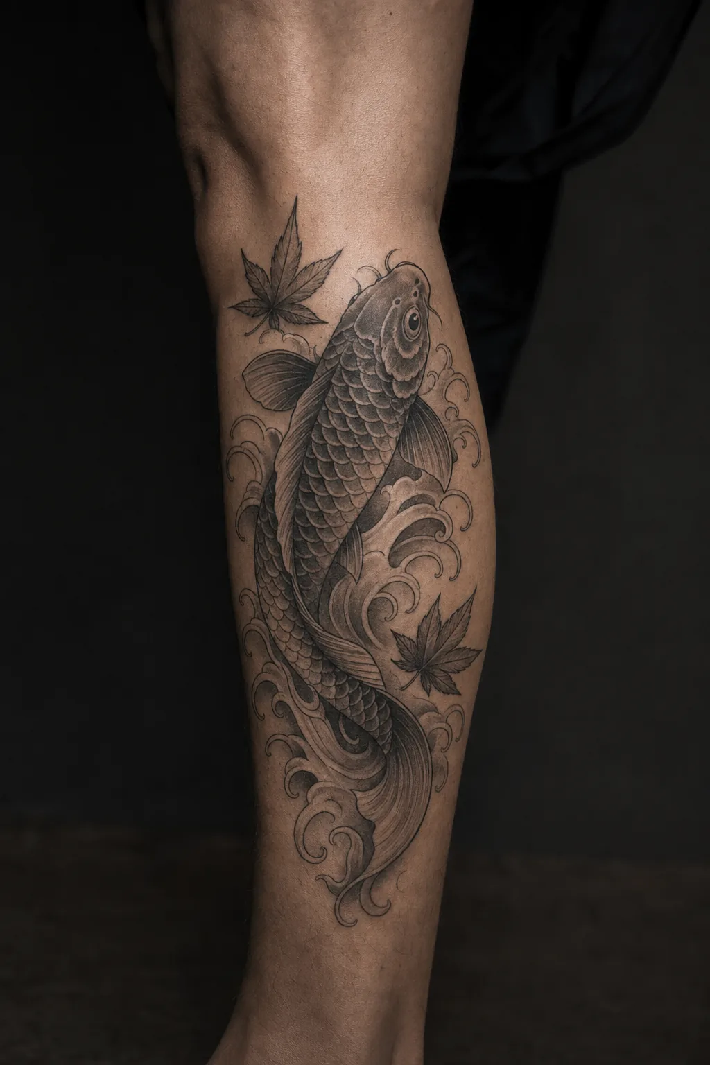 Tatouage noir et gris : carpe koï remontant le courant, par Madman Tattoo