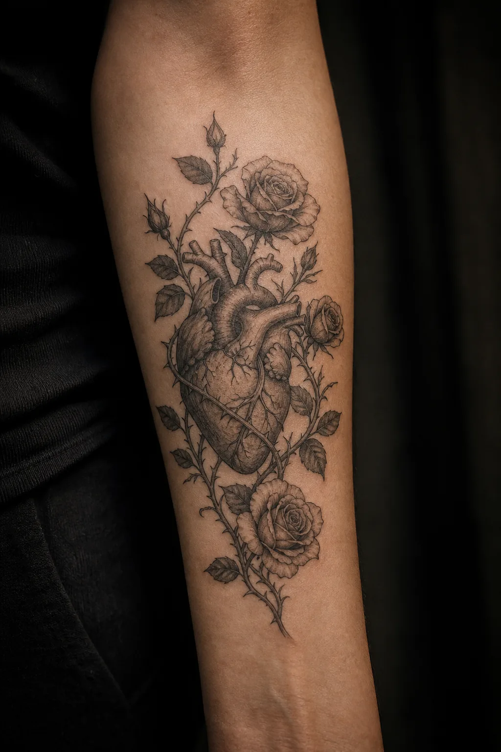 Tatouage noir et gris : cœur anatomique entouré de roses, sur l'avant-bras, par Madman Tattoo