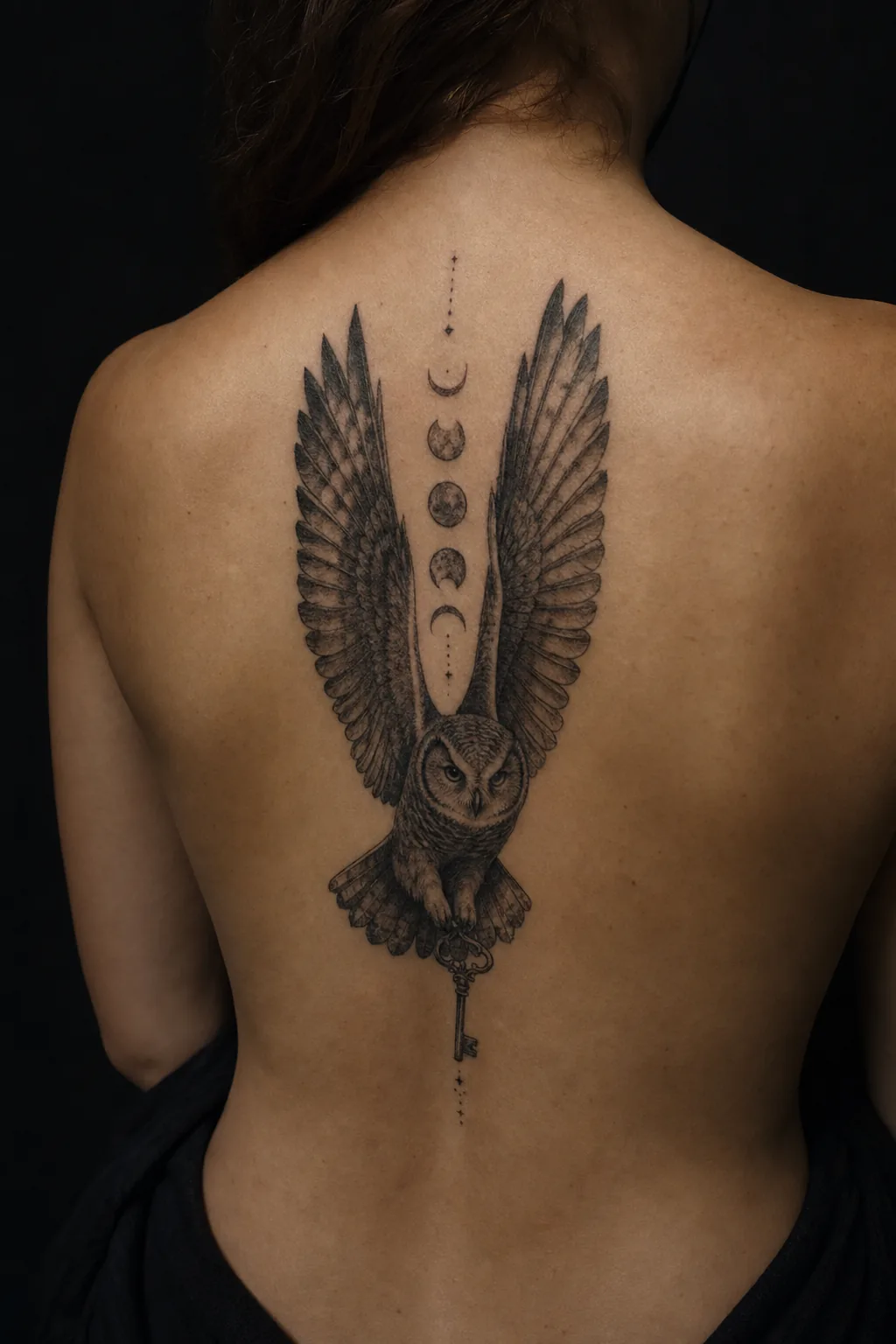Tatouage noir et gris : hibou aux ailes déployées et clé ancienne, dans le dos, par Madman Tattoo