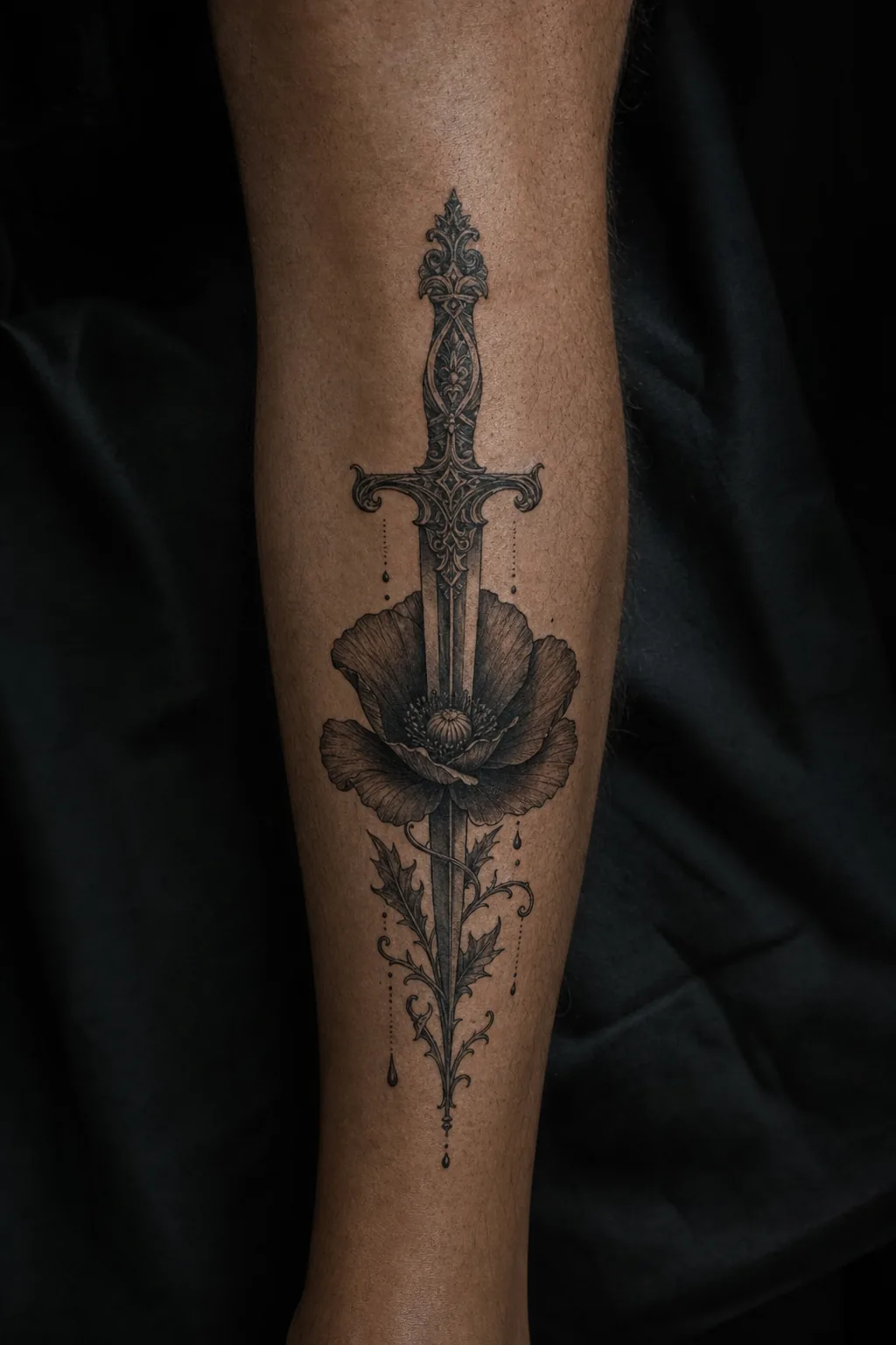 Tatouage noir et gris : dague traversant un coquelicot, par Madman Tattoo