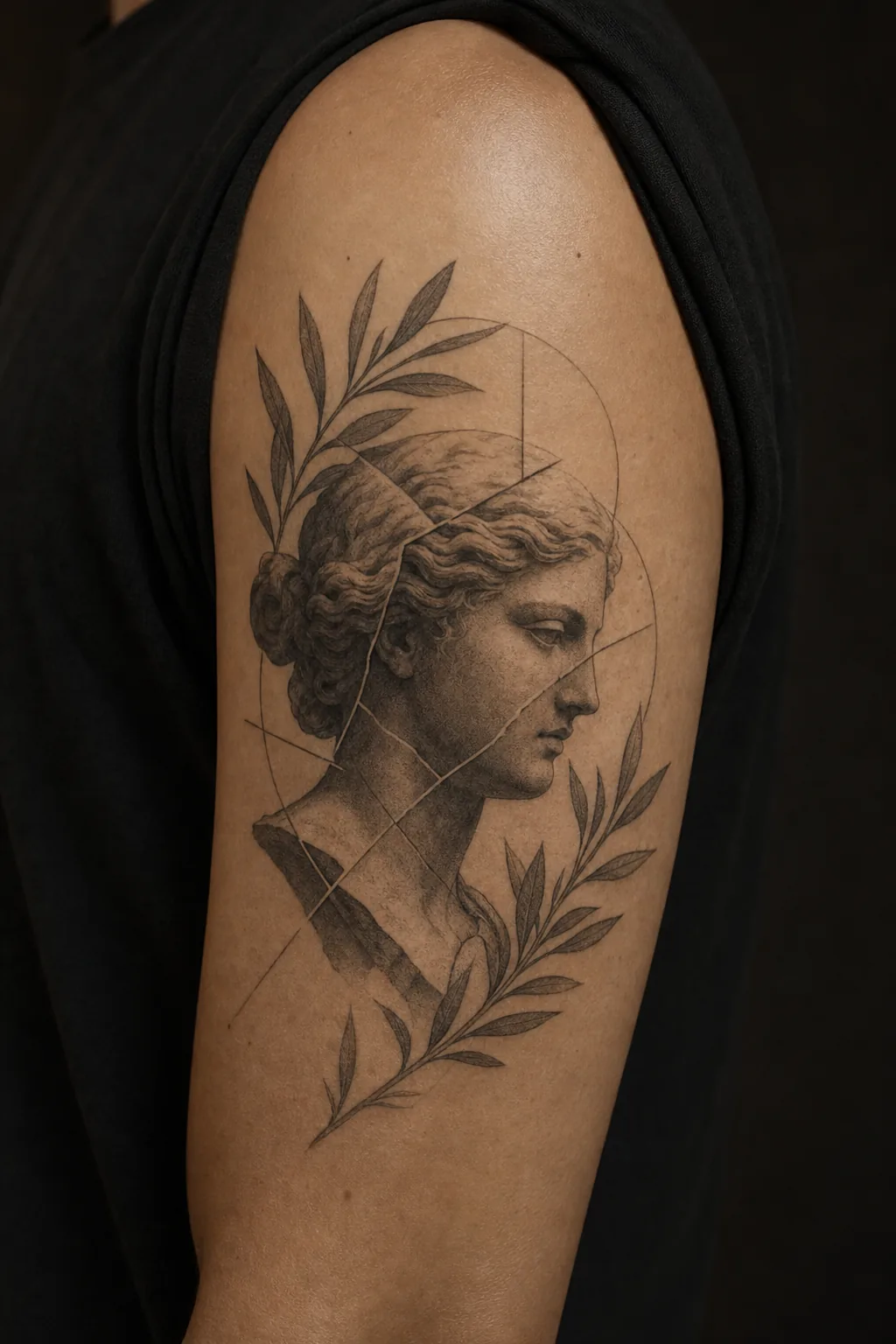 Tatouage noir et gris : buste de statue antique, par Madman Tattoo