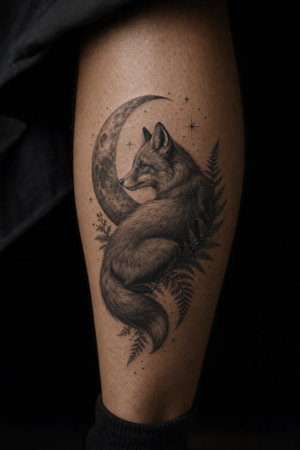 Tatouage noir et gris : renard sous une pleine lune, par Madman Tattoo