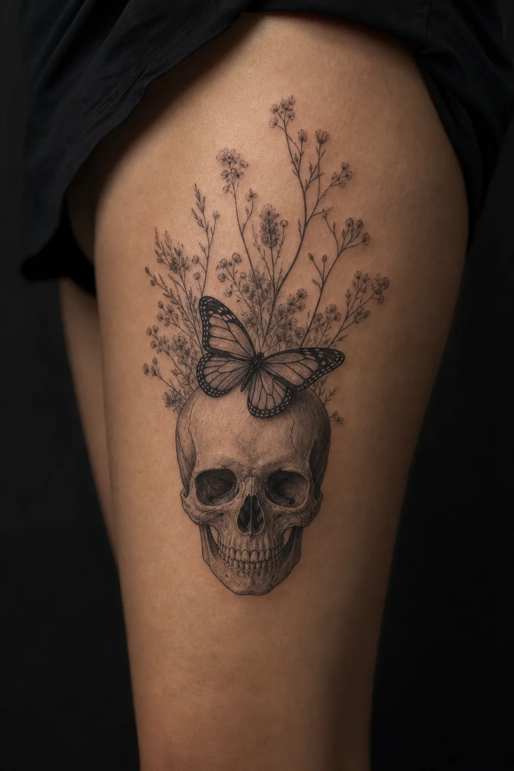 Tatouage noir et gris : crâne surmonté d'un papillon, par Madman Tattoo