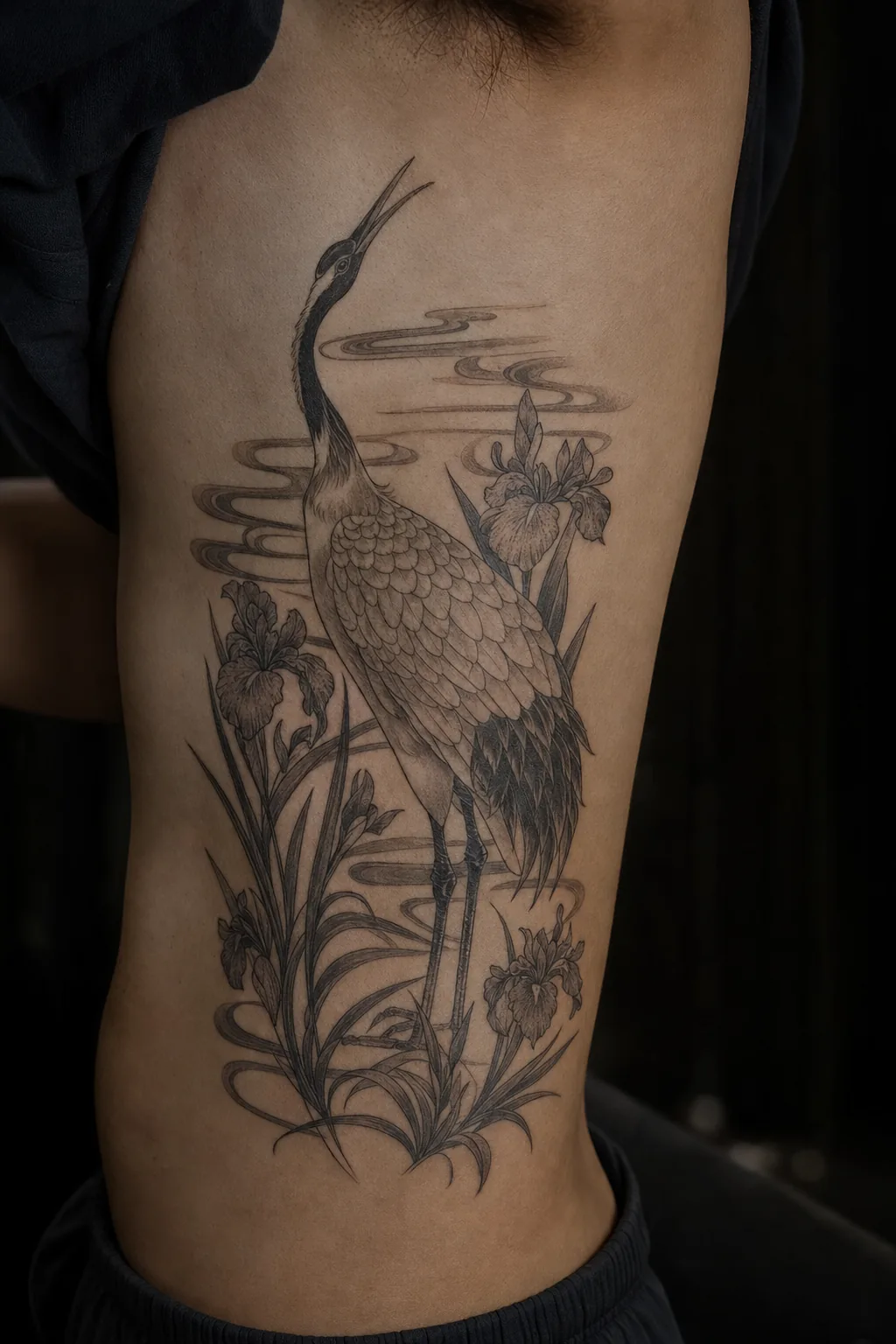Tatouage noir et gris : grue parmi des iris, par Madman Tattoo
