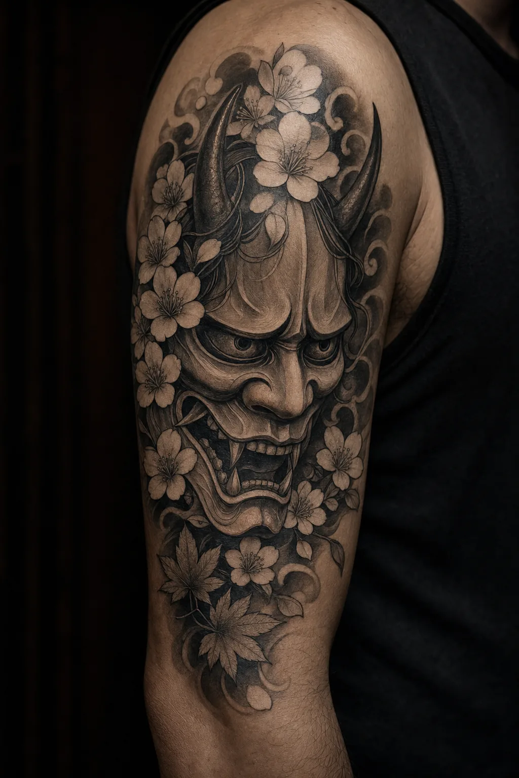 Tatouage noir et gris : masque hannya japonais, par Madman Tattoo