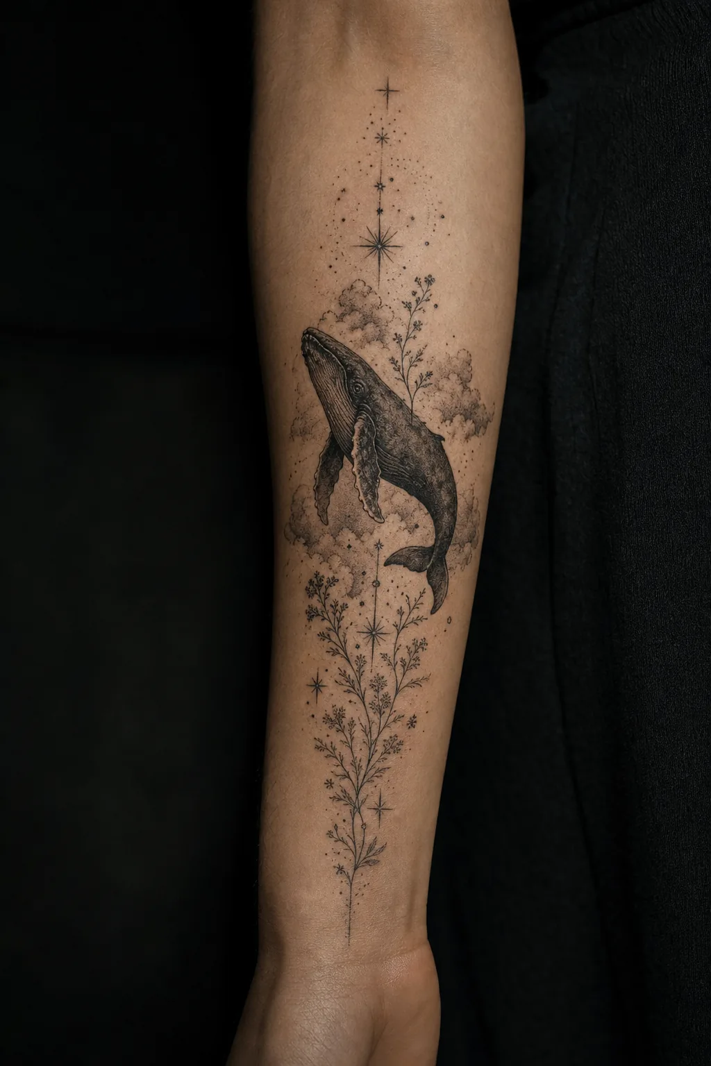 Tatouage noir et gris : baleine dérivant dans un ciel étoilé, par Madman Tattoo