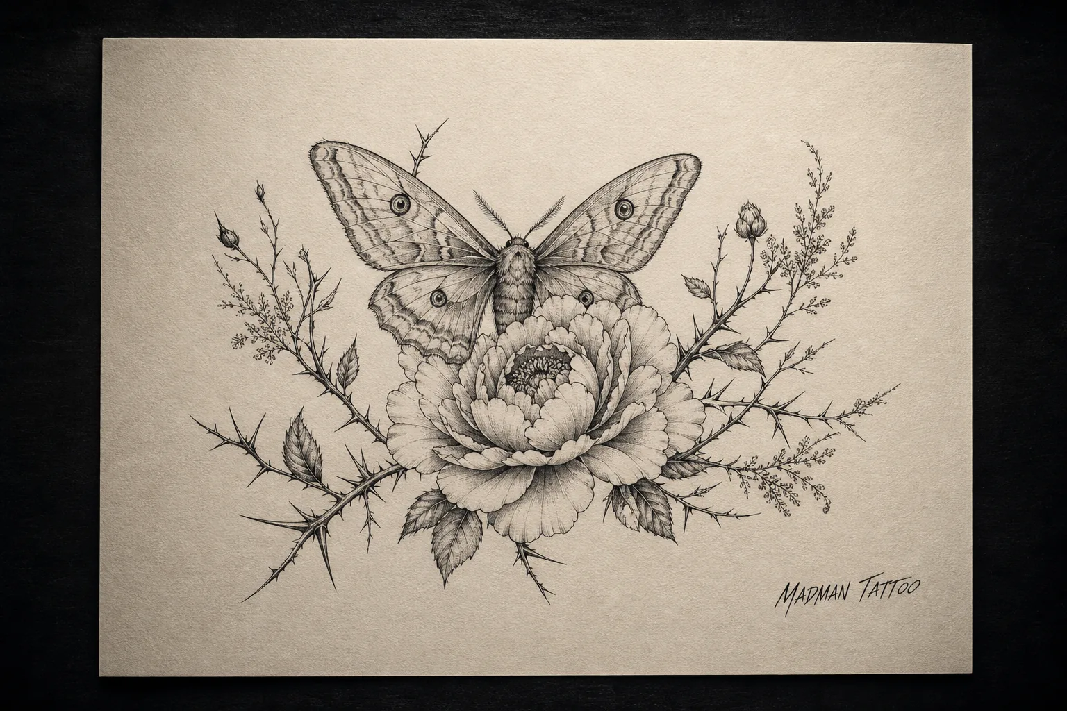 Dessin de tatouage au crayon : papillon de nuit posé sur une pivoine parmi des ronces, signé Madman Tattoo